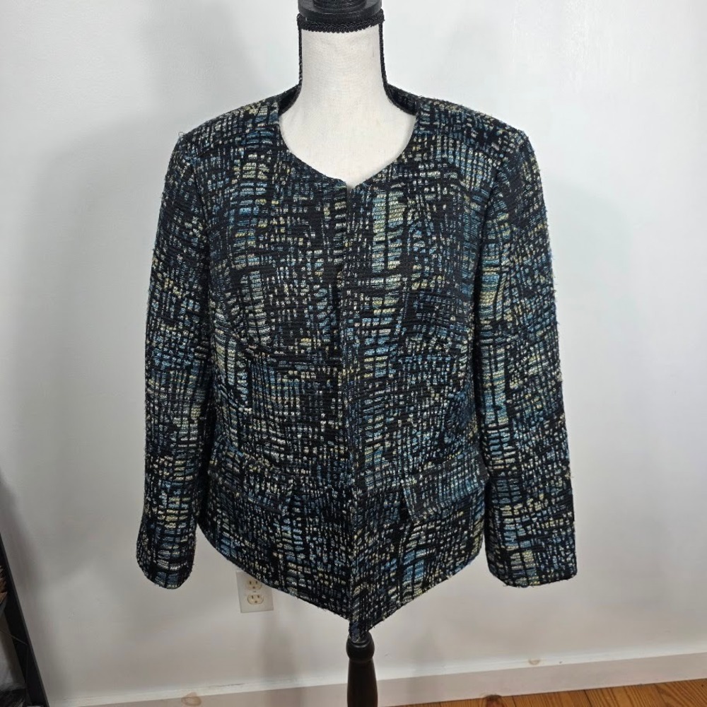 NIPON BOUTIQUE Women's Textured Collarless Jacket Blue Black Multi Color 14W